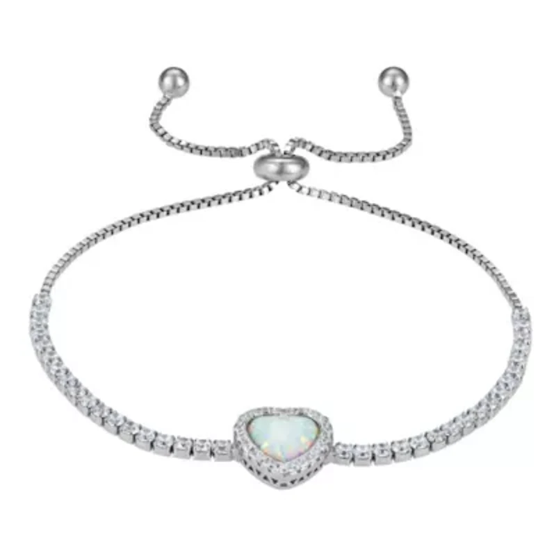 Lab Created Sterling Silver Created Opal And White Cz Heart Adjustable Bracelet
