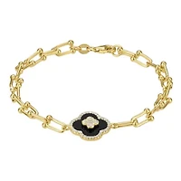 Sterling Silver Black Onyx And White Cz Clover U Link Bracelet