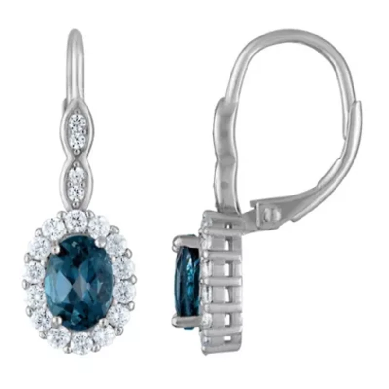 Sterling Silver London Blue Topaz And Created White Sapphire Leverback Earring