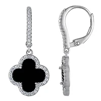 Sterling Silver Black Onyx And White Cz Dangle Clover Earring