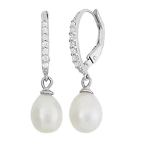 Sterling Silver Freshwater Pearl And Created White Sapphire Leverback