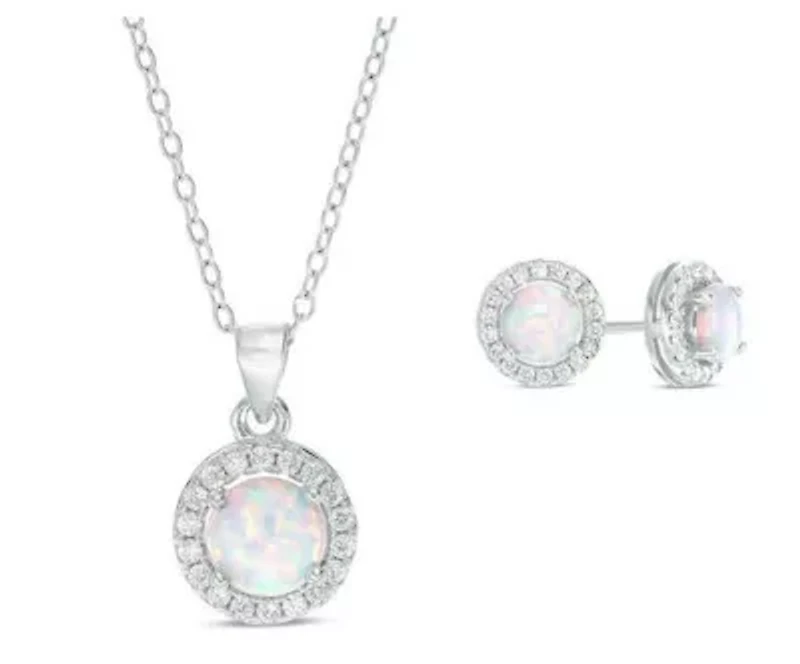 Lab Created Sterling Silver 6mm Created White Opal And Sapphire Pendant And Earring Set
