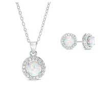 Lab Created Sterling Silver 6mm Created White Opal And Sapphire Pendant And Earring Set