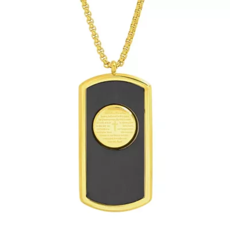 Men's two tone black ip and 18k gold plated stainless steel Our Father dog tag pendant