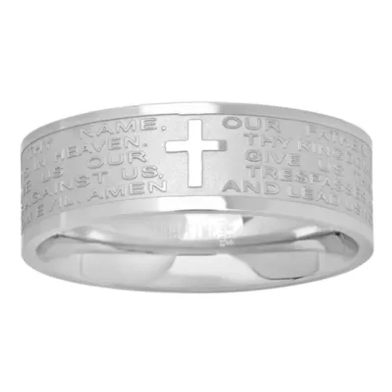 Men's stainless steel band ring with english prayer accent