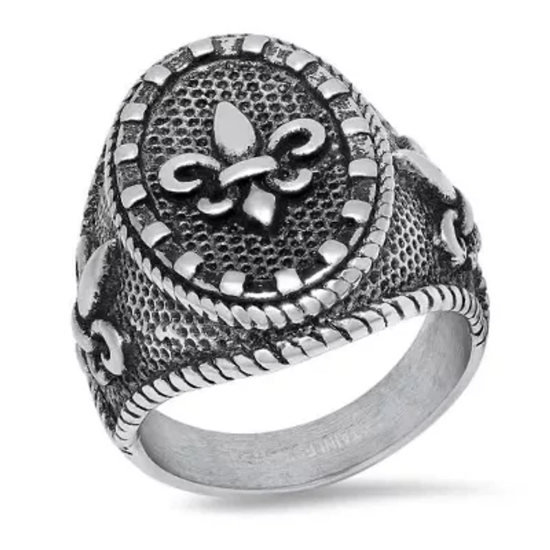 Men's oxidized stainless steel fleur de lis ring