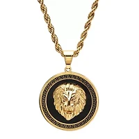 Men's  stainless steel simulated diamond lion head on greek key mount pendant necklace