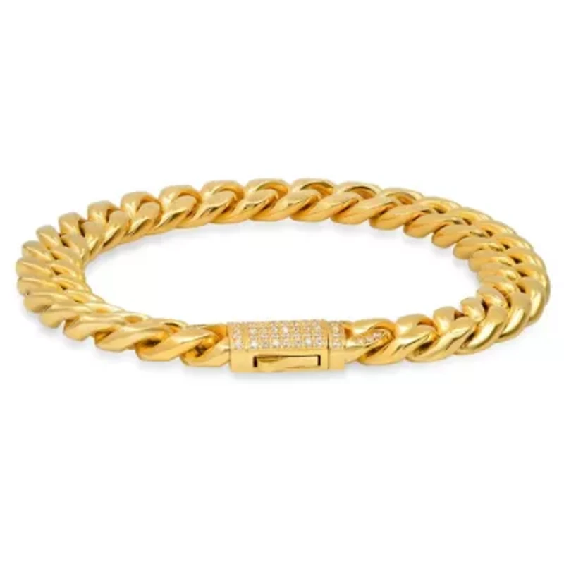 Men's stainless steel thick cuban link chain bracelet with simulated diamonds clasp