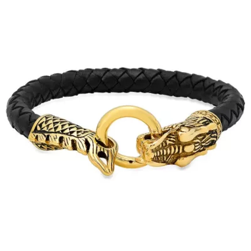 Genuine leather bracelet with 18k gold plated stainless steel dragon design