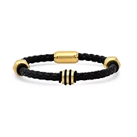 Men's black braided leather bracelet with 18k gold plated stainless steel accented nut designs and black rubber