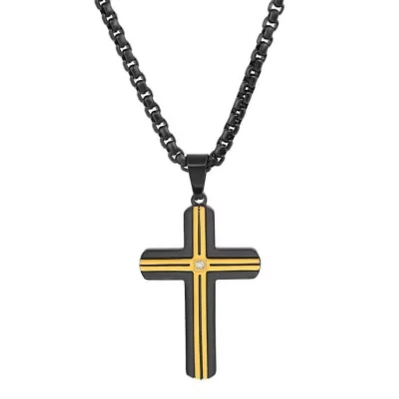 Men's two tone black ip and stainless steel with simulated diamond cross pendant