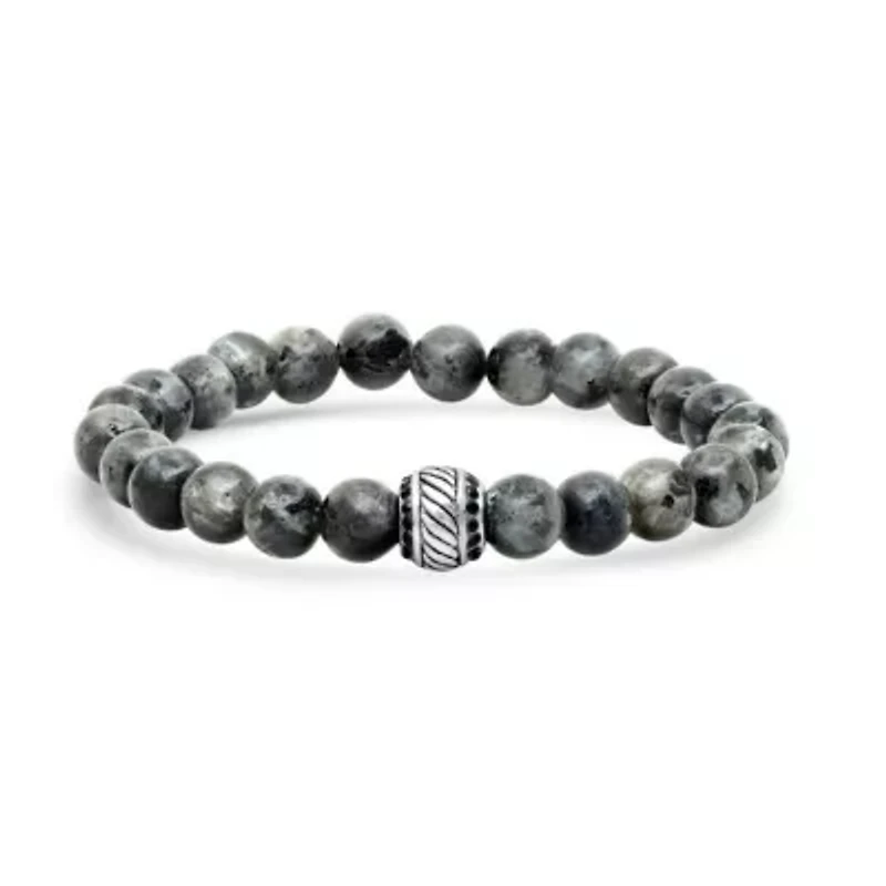 Men's gray agate, stainless steel and black simulated diamonds beaded bracelet