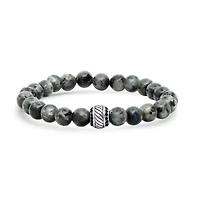 Men's gray agate, stainless steel and black simulated diamonds beaded bracelet