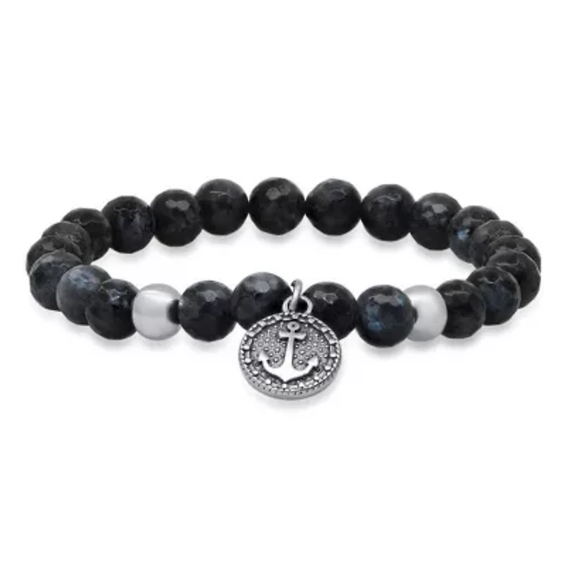 Men's gray agate beads and stainless steel anchor charm stretch bracelet