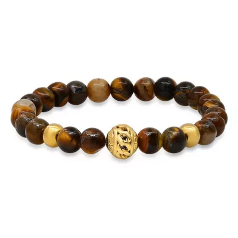 Men's tiger eye and 18k gold plated stainless steel beaded stretch bracelet