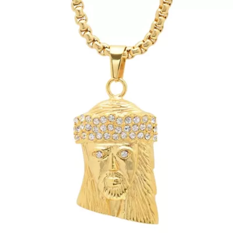 Men's 18kt gold plated stainless steel men's face pendant with simulated diamonds accents