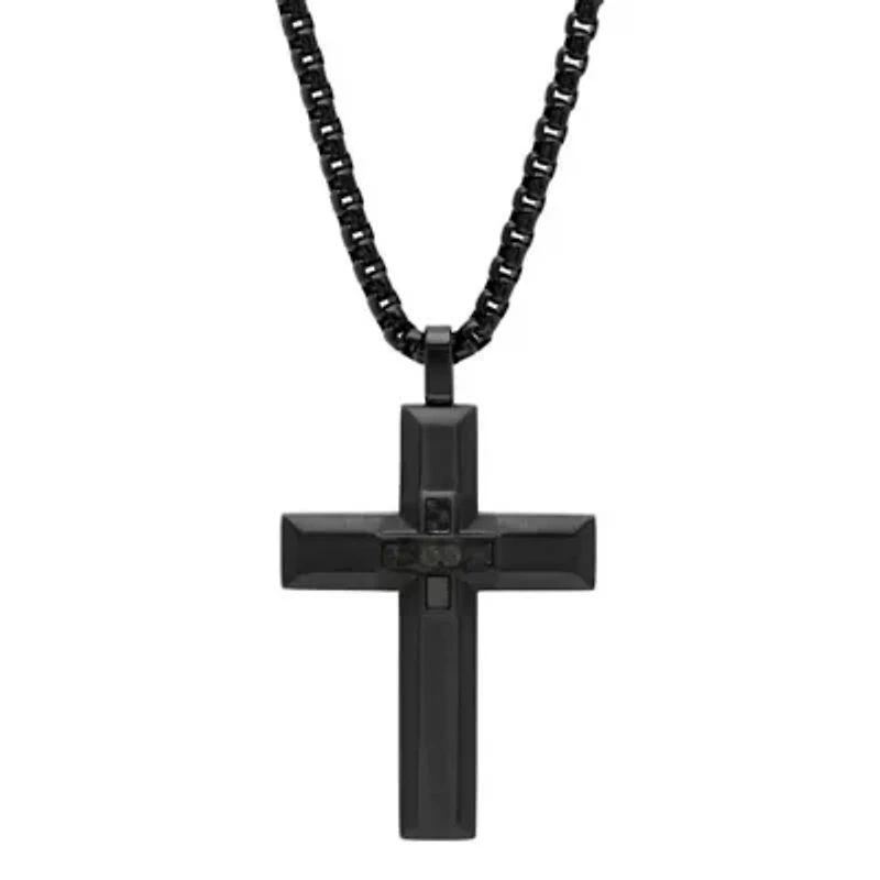 Men's black ip stainless steel cross pendant with black carbon fiber center