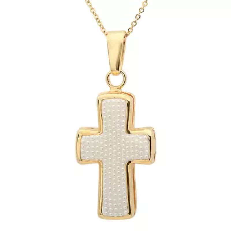 Men's 18k gold plated stainless steel and simulated pearls cross pendant