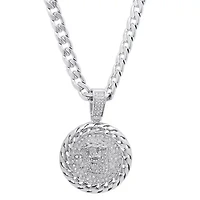 Men's stainless steel simulated diamond round jesus head pendant