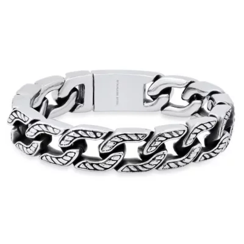 Men's heavy oxydized stainless steel accented cuban link chain bracelet