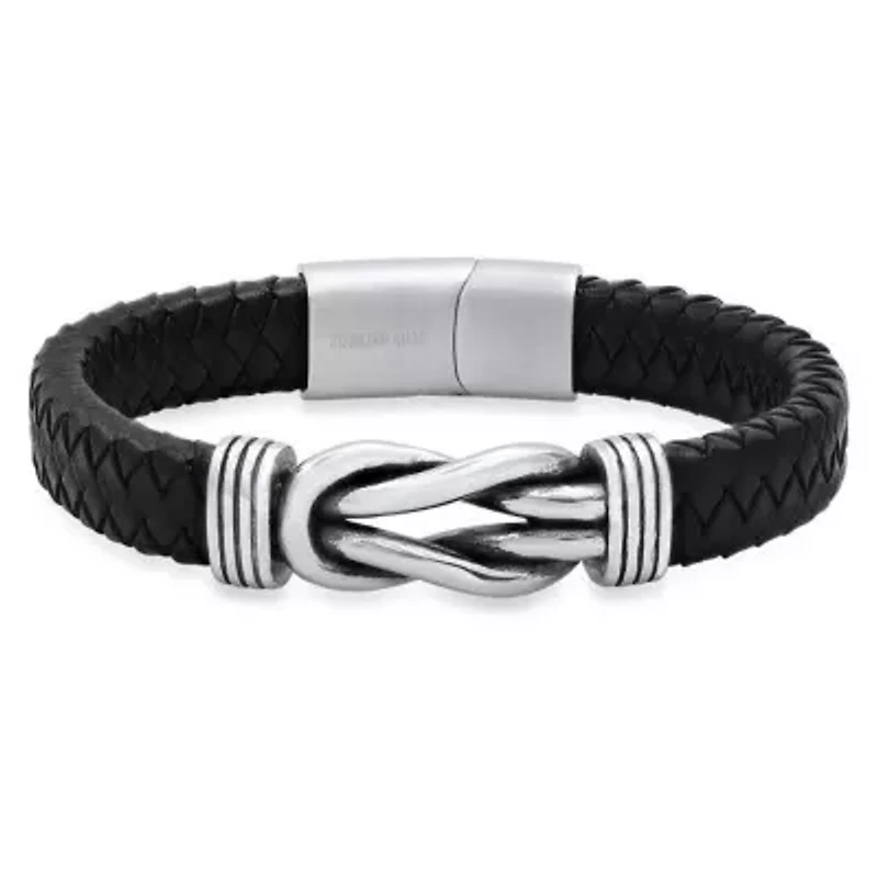 Men's' black braided leather and stainless steel nautical knot bracelet