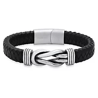 Men's' black braided leather and stainless steel nautical knot bracelet