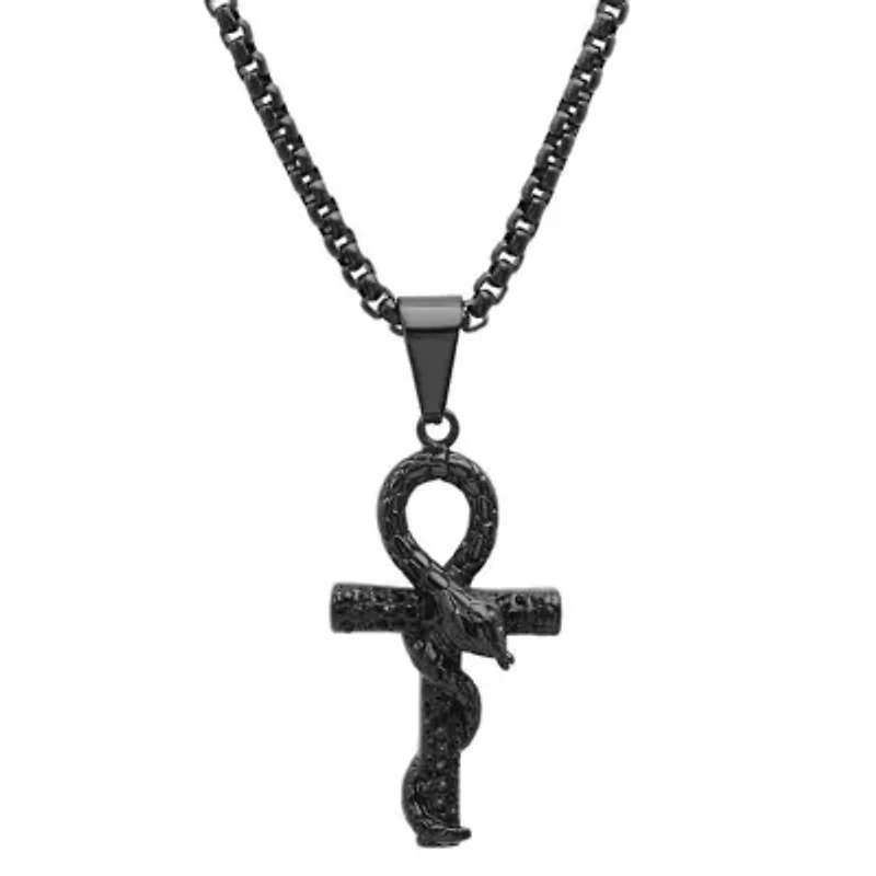 Men's black ip stainless steel and black cz snake cross pendant