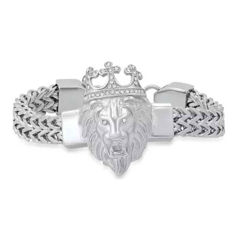 Men's stainless steel double row wheat chain links and simulated diamonds lion head bracelet