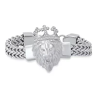 Men's stainless steel double row wheat chain links and simulated diamonds lion head bracelet