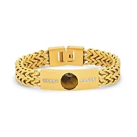 Men's 18k gold plated stainless steel tiger eye and simulated diamonds double wheat link bracelet