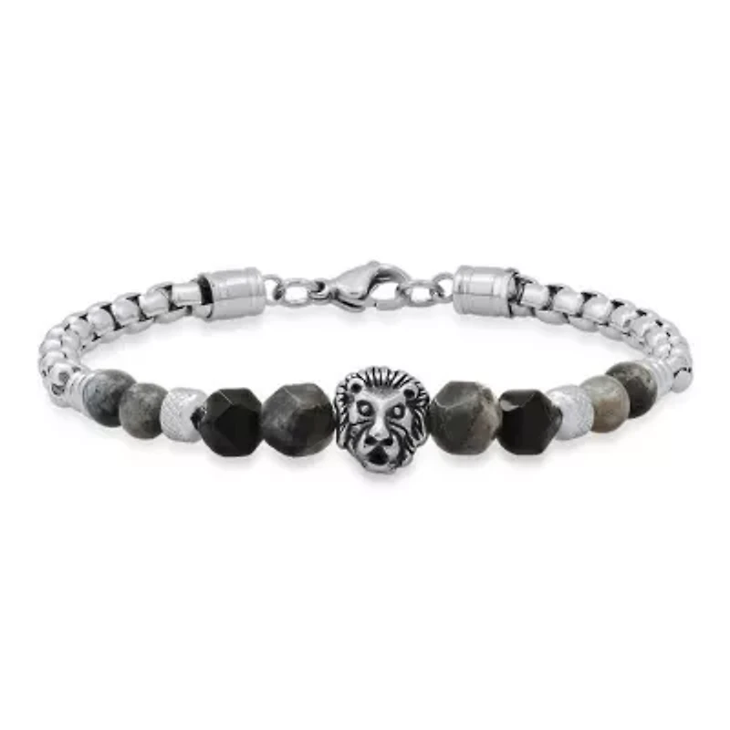Men's stainless steel curb chain link bracelet and black/gray agate stones with lion charm