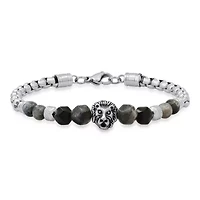 Men's stainless steel curb chain link bracelet and black/gray agate stones with lion charm