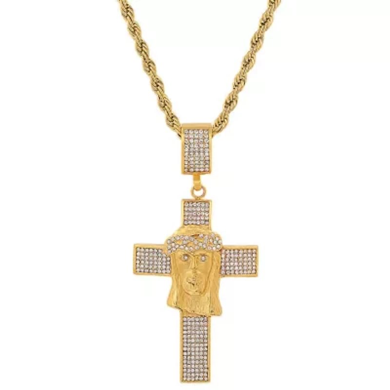 Men's 18k gold plated stainless steel and simulated diamonds cross/Jesus face pendant