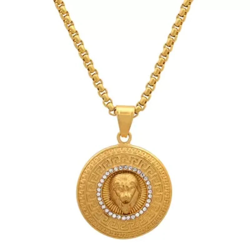 Men's 18k gold plated stainless steel lion head round pendant with simulated diamonds and greek key accents