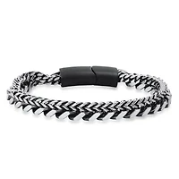 Men's two tone black ip and stainless steel double layered cuban & wheat link bracelet
