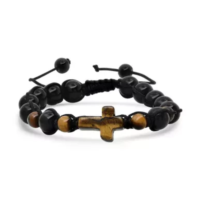 Men's tiger eye cross and black beads drawstring beaded bracelet