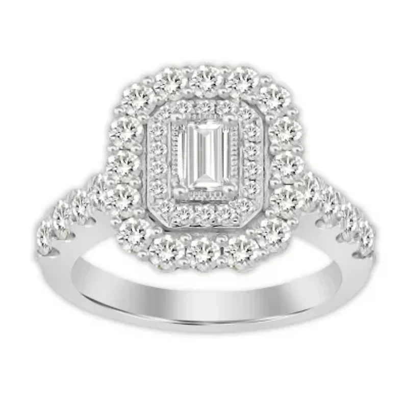 14K White Gold 1 5/8ct Round/Emerald Diamond Ladies Ring