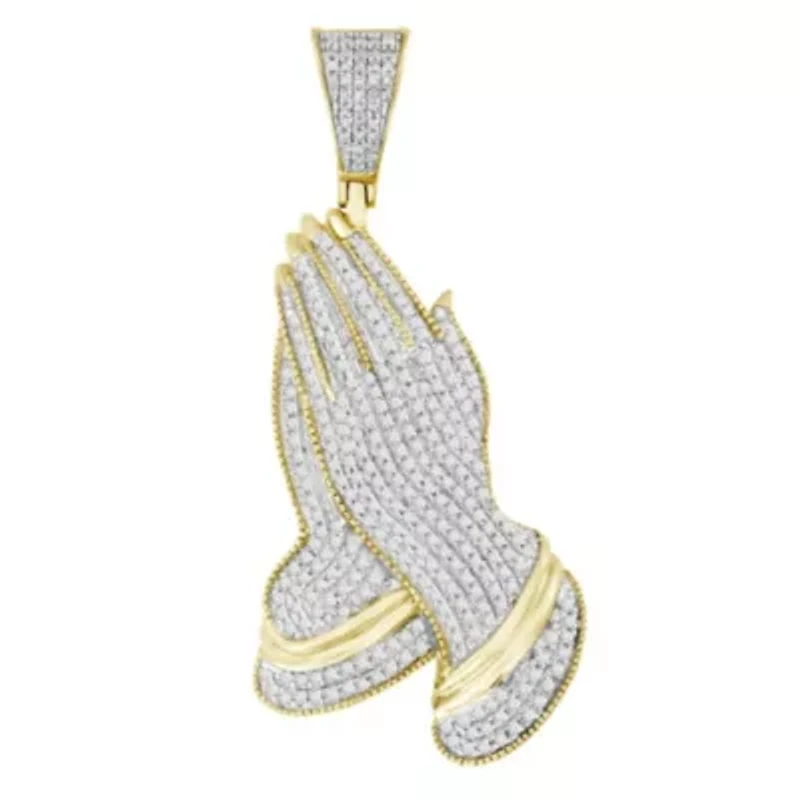 10K Yellow Gold 3/4ct Round Diamond Mens Praying Hand Charm