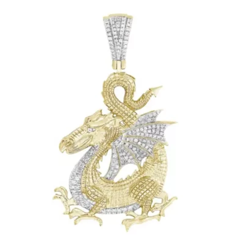 10K Yellow Gold 1/2ct Round/Ruby Diamond Mens Dragon Charm