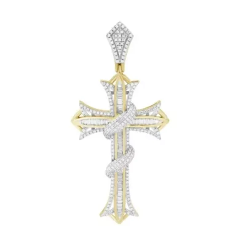 10K Yellow Gold 3/4ct Round/Baguette Diamond Mens Cross Charm