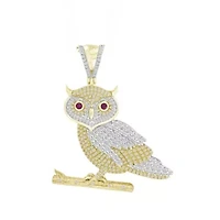 10K Yellow Gold 3/4ct Round/Baguette Diamond Mens Owl Charm