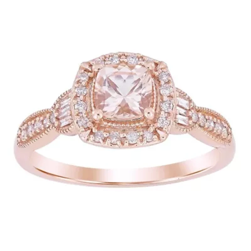 14K Rose Gold 3/4ct Round/Baguette/Peach Morganite Diamond Ladies Ring