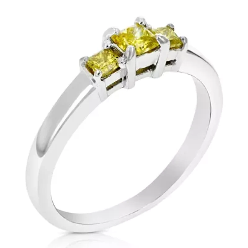 1/2 ct. t.w. 3 Stone Yellow Diamond Engagement Ring in 925 Sterling Silver