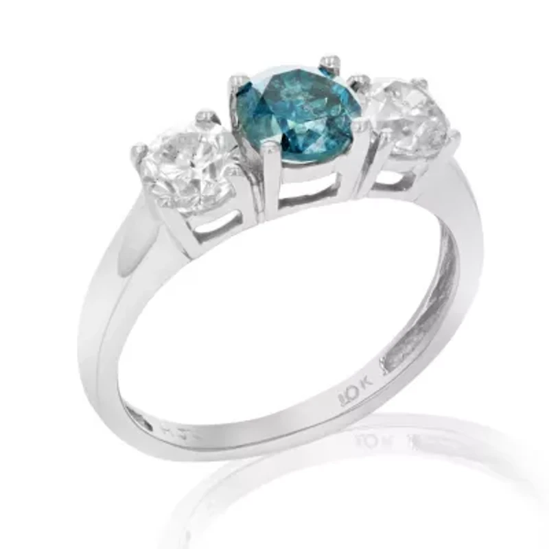 2 ct. t.w. 3 Stone Blue and White Diamond Engagement Ring in 10K White Gold