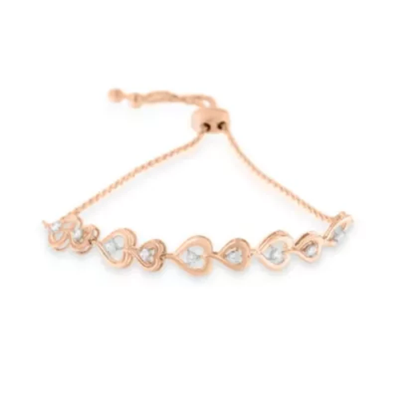 Rose Plated Sterling Silver Diamond Heart-Linked Bolo Bracelet