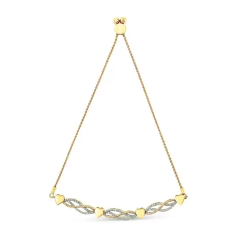 14K Yellow Gold Plated Silver 1/10 Cttw Diamond Wave and Hearts Bolo Bracelet