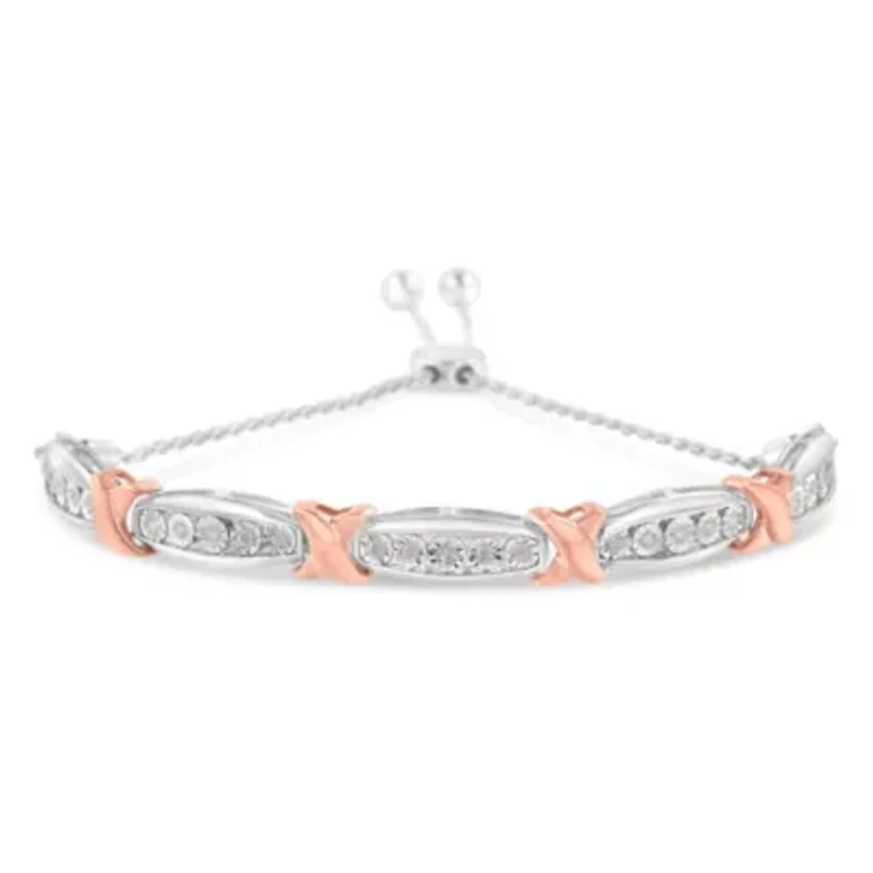 Silver 1/4 Cttw Round-Cut Diamond X & Tapered Bar Miracle-Set Bolo Bracelet