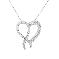 .925 Sterling Silver 1 cttw Diamond Heart and Ribbon 18" Pendant Necklace - 18"