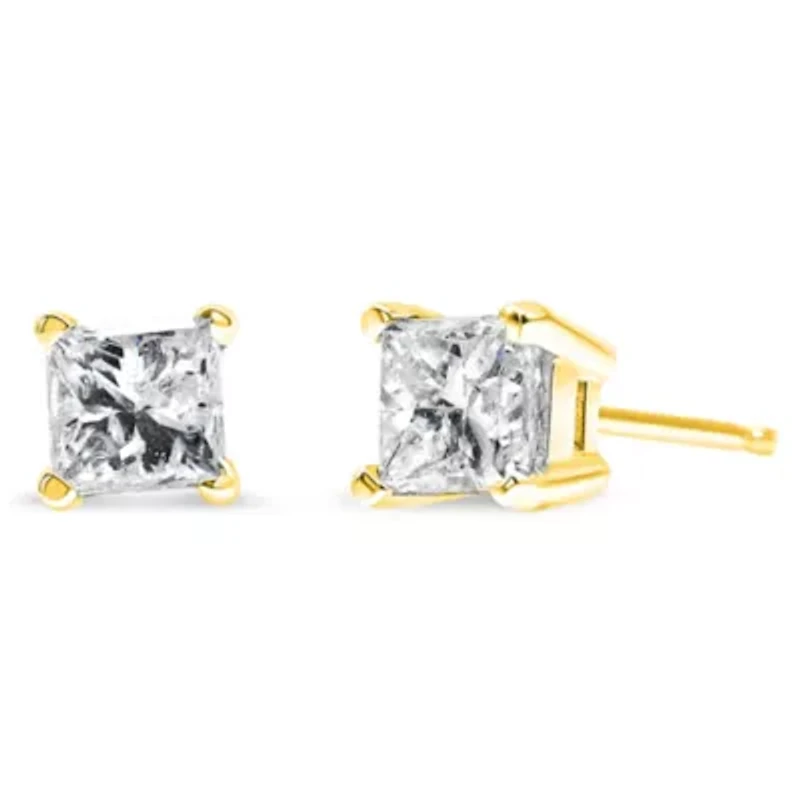 14K Yellow Gold 1.00 Ct Princess Solitaire Stud Earrings
