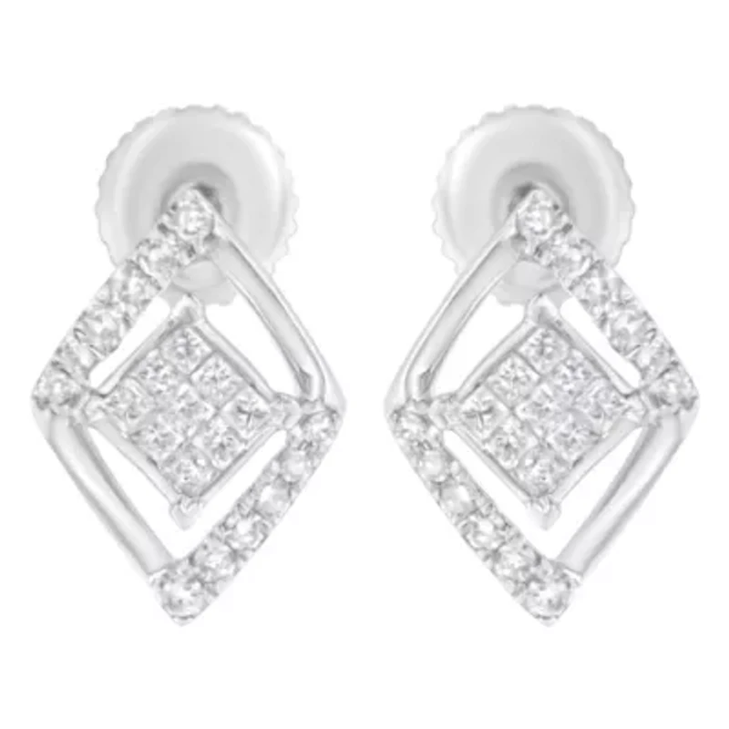 10K White Gold 1/3 Ct Princess Double Triangle Composite Stud Earrings